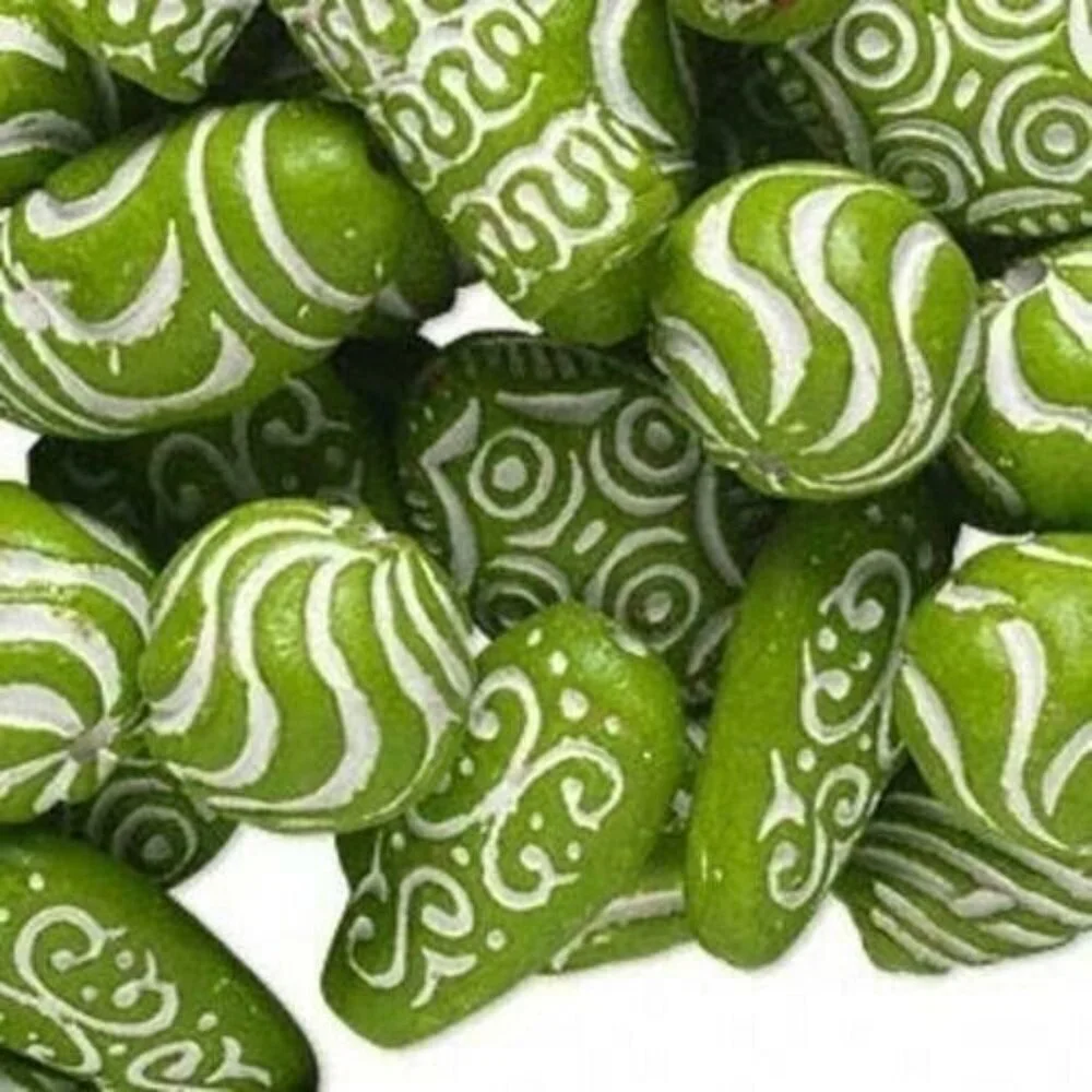 Vintage Ethnic African Tribal Clay Beads Green White 12 pcs